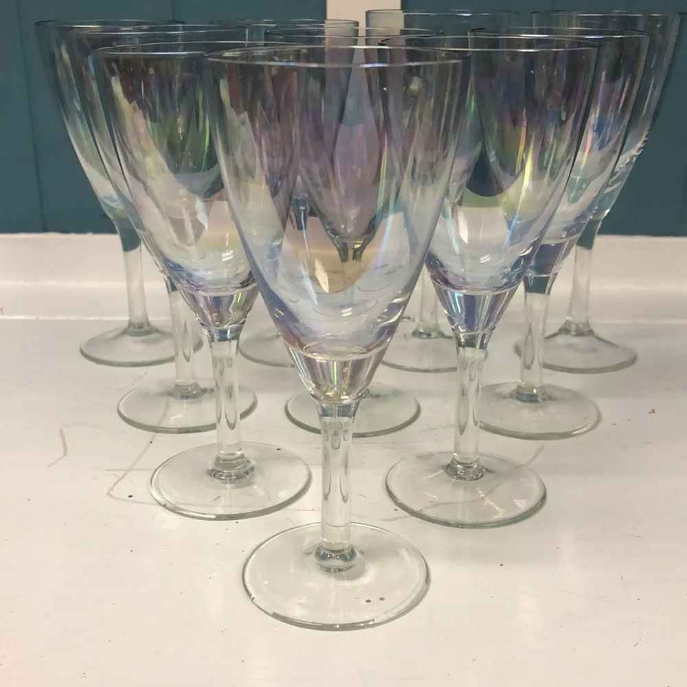 Set of 10 Vintage Iridescent 6.5” Wine Water Glasses rainbow stemware cocktail‎